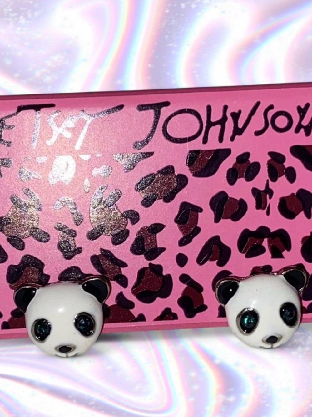 Betsey Johnson White Black Panda Stud Earrings with Green Teal Eyes